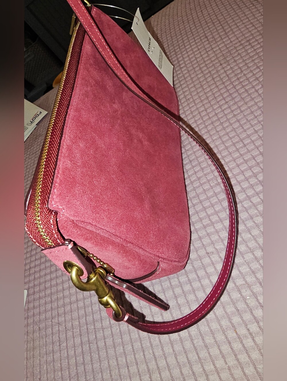 Coach Burgundy Suede Zip Wristlet with Gold Logo - Picture 2 of 6